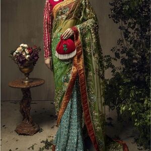 Elegant Green and Red Embroidered Saree